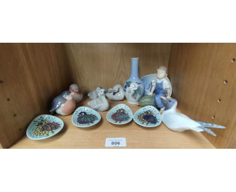 Shelf of Royal Copenhagen figures, Birds and dishes. 