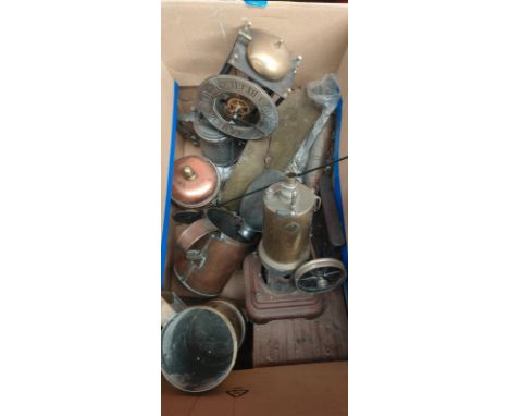 Box of collectables; Steam powered engine model, Skeleton wall clock with key and pendulum, Copper and brass measures and lar
