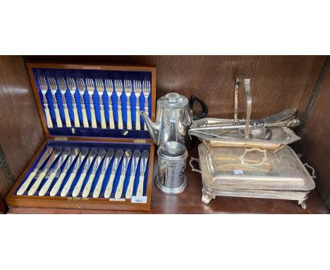 Shelf of silver plated items; canteen of cutlery, serving tureen and various other items 