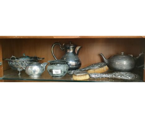A Shelf of silver plated and silver items; Silver hand brush and mirror. 