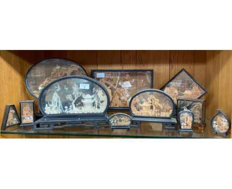 Shelf of Chinese Cork Art displays; Black Lacquered and glass displays 