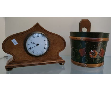 Art Nouveau oak cased French mantel clock and a Barge ware hand painted salt pot. 