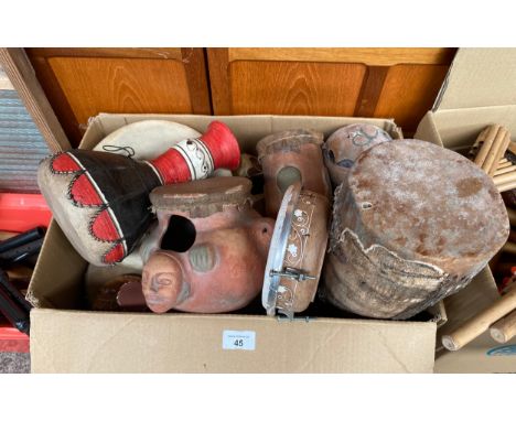 Box of drums; Mexico Aztec terra cotta and hide drums. 