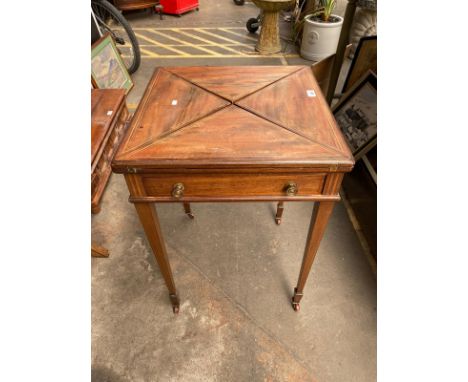 19th century fold out games table, Single Frieze drawer, square tapered legs and finished on ceramic castors 