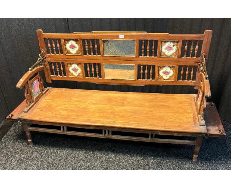 Antique British Colonial Majolica tiled veranda swing bench, the back rest flipping to the front to create a bed [90x184x62cm