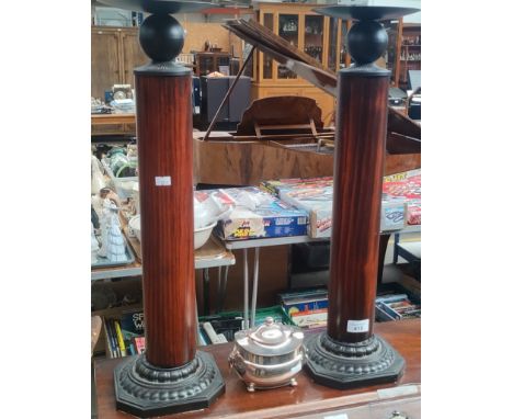 A Large pair of contemporary candlesticks and W.M.F Lidded tea caddy with lion and hoop handles 