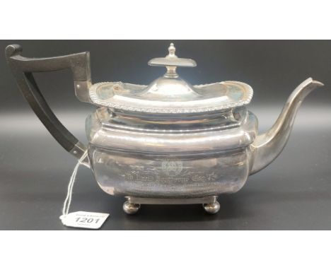 Sheffield silver tea pot, produced by Walker &amp; Hall. Engraved to the front panel- 'To David Bonthrone Esq. Chairman of Cu