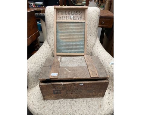 The queen glass vintage wash board along with white horse scotch whisky advertising box