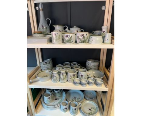 Three shelves of Buchan Pottery; Dinner service, tea cups and saucers, preserve pots and many more items 