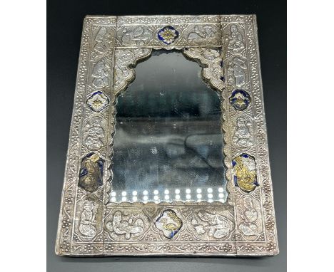 19th century Persian Qajar silver mirror. Fine detailing all over. signs of blue enamel to areas. [22x16cm] 