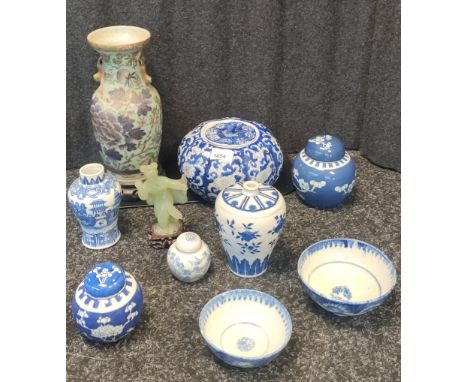 Selection of Chinese porcelain; Qing Dynasty Kangxi Nian Zhi blue and white vase, Famille Rose floral vase, Pumpkin shaped bl