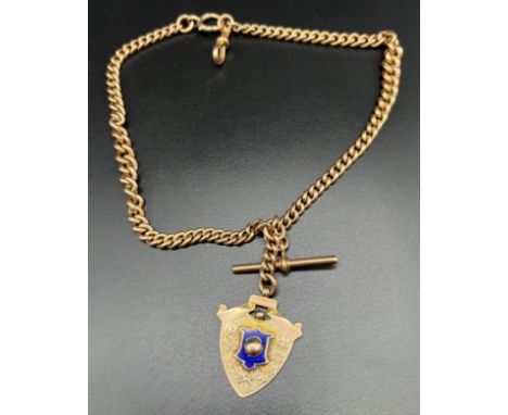 Antique 9ct gold albert chain, T-Bar and 9ct and enamel fob medal. [62.33grams]