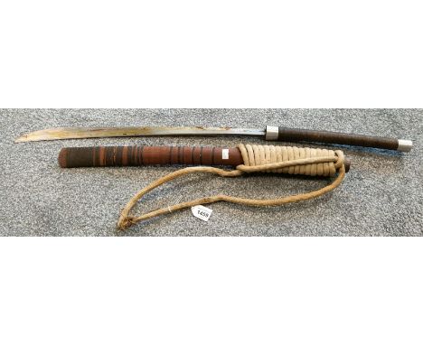 Antique Burmese sword and scabbard. Plated and wrapped handle, wood and wrapped scabbard with rope belt attachment. [84cm in 