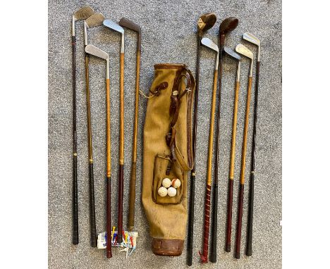 Antique/ Vintage A Bryant golf bag and hickory clubs and various others; Sportsman Autograph, R.A. Dick Edinburgh, Douglas Au