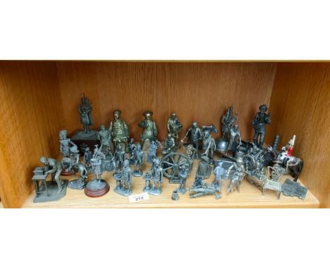 A shelf filled with silver plated/ pewter figurines of differing genres, London Buskers by J Pitts No.2. Rabbie Burns and so 