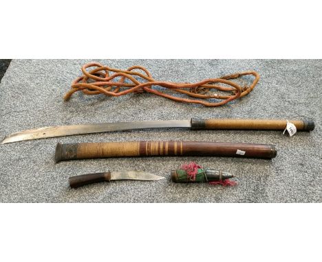 Antique Burmese sword and scabbard and small Burmese dagger/ knife with scabbard; Sword- silver and weaved bound handle, scab