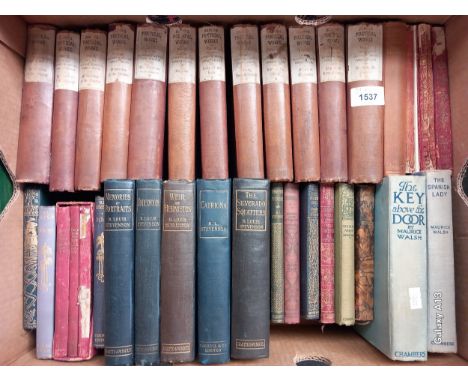 A Box of 35 vintage Books, includes first editions. 11 editions of Poetical Works By Walter Scott, Titles by R L Stevenson an
