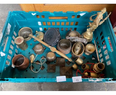 Box of Antique brass wares; Mostly Middle East brass worked bowls and ladle, bells and figurine etc