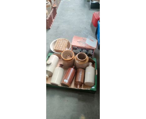 Crate on stone ware bottles, enamel bowl, and tea set 