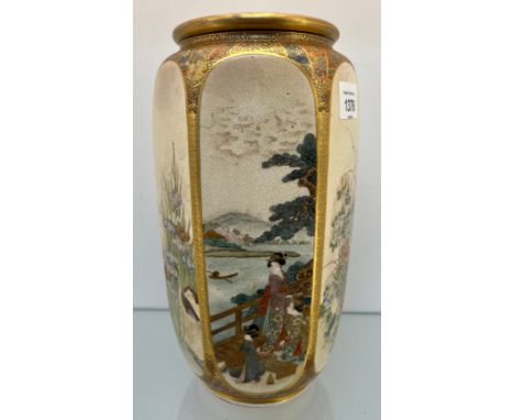 Japanese Satsuma panel painted Hexagonal shaped vase. Signed to the base. [26cm high] 