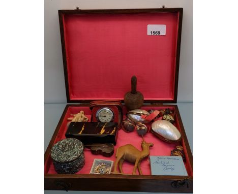 Antique Walnut and marquetry box and contents; Newmark travel clock, Two shell purses, Victorian horn snuff box, Antique Cell