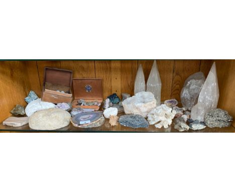 Shelf of semi precious stones, fossils and crystals etc 