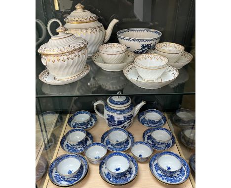 Two shelf of 19th century porcelain; Possible Worcester blue and white Willow pattern cups and saucers and tea pot, Worcester