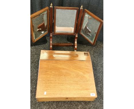 Vintage table top writing desk with lift up top, Together with an antique three way mirror 