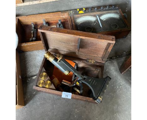 Antique R&amp;J BECK LTD London 24974 microscope with fitted boxes and lenses. Together with Volt and Amperes tester. 