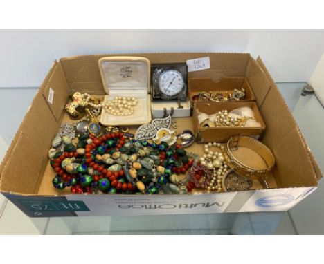 Box of mixed costume jewellery; Silver and enamel St Christopher charm and silver bracelet, Birmingham silver and enamel Lowt