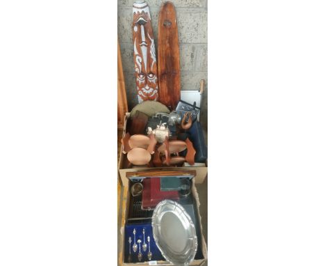 Two boxes of collectables; Box of silver plated canteens of cutlery, Chinese brass worked serving tray, tea caddy and two wal