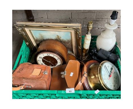 Box of collectables; Barrel wall clocks, onyx table lamps, Mantel clock and various meter gauges