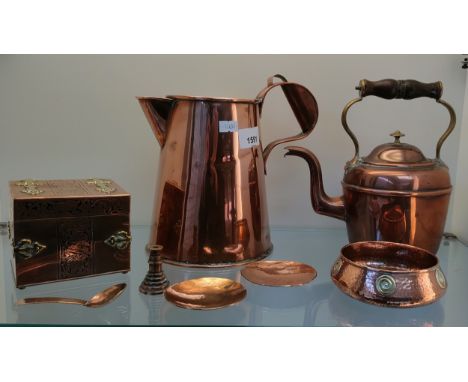 A Selection of Copper and brass mounted items; Antique ornate panel and trim tea box finished with brass mounts and Pakistan 