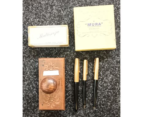 Three vintage parker pens and pencil, Georgian Sealing wax set and compass and magnifying glass combination 