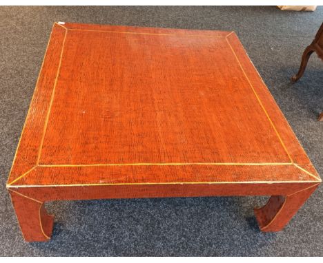 Chinese Red and black effect lacquered low table. Has Wax Chinese seal- export permission seal. [48x121x121cm] 