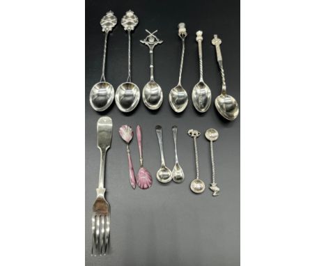 A Collection of mixed silver spoons and condiment spoons; Three silver hunting presentation spoons, Two thistle and one Celti