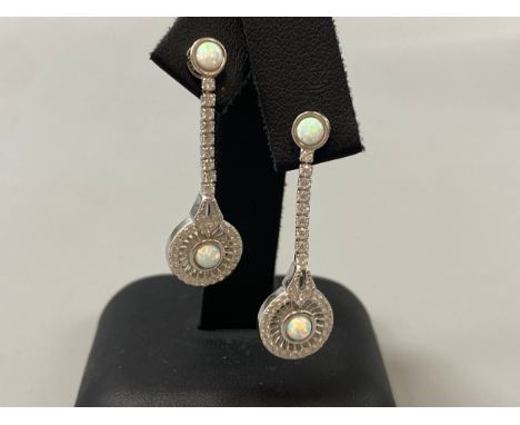 A pair of silver CZ and opal panelled drop earrings in the art deco style, weight 5.76 grams 