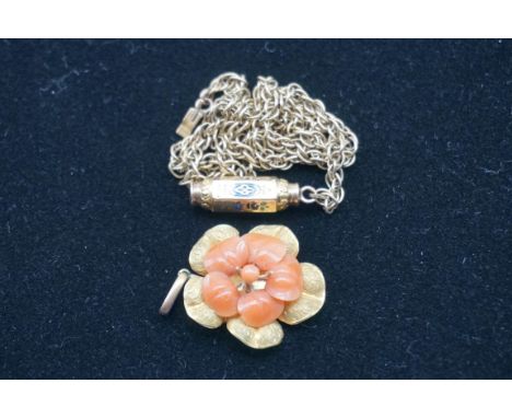 A Victorian yellow metal chain, having enamel clasp; together with a similar floral coral set pendant. (2) 