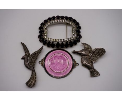 A vintage silver and enamel St Christopher car mascot badge; together with two .925 marcasite bird brooches; and a large Cont