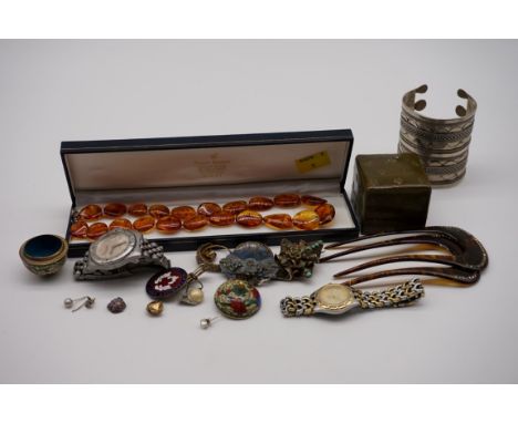 A quantity of costume jewellery and watches, to include an enamel 1914 Canadian Red Cross badge and a pair of mantilla combs.