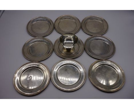 (THH) A set of six American sterling silver plates,&nbsp;by S Kirk &amp; Son Inc, 15cm diameter;&nbsp;together with a similar