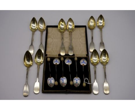 A cased set of six silver and enamel coffee bean spoons, by Turner &amp; Simpson, Birmingham 1948; together with part set of 