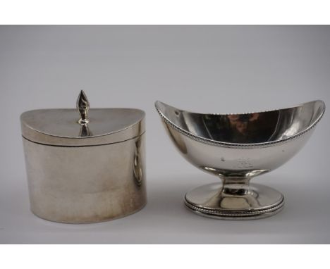 A silver caddy, by Synyer &amp; Beddoes,&nbsp;Birmingham 1942, 7.5cm high; together with a George III silver salt, by&nbsp;Ro