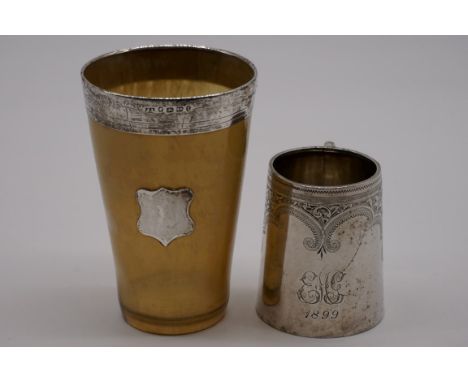 A Victorian silver mounted horn beaker, by John Linegar, Birmingham 1891, 11cm high; together with a similar Christening tank