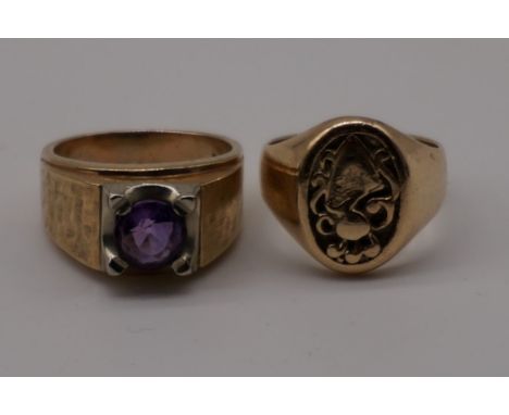 A gold oval signet ring; together with an amethyst set example, both stamped or hallmarked 9ct, 18.2g gross weight. 