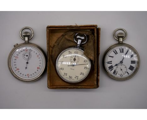 A vintage nickel plated split second stem wind stop watch,&nbsp;50mm, probably Lemania; together with a boxed Smiths stem win