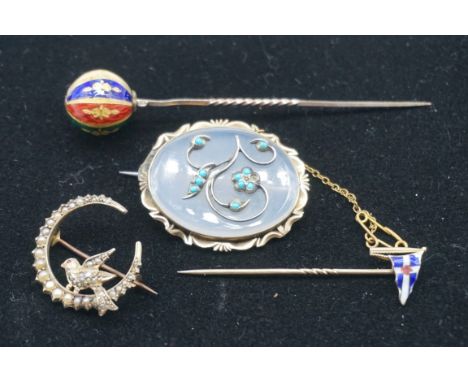 A pearl and ruby crescent bird gold brooch, stamped 9ct; together with a chalcedony and turquoise unmarked example; and two s