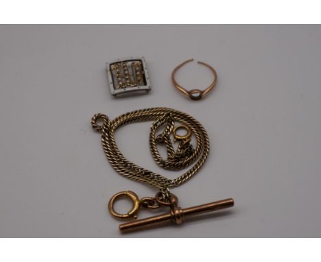 An unmarked metal watch chain, the swivel and clasp stamped 9ct; together with an enamel buckle; and a ring mount, both unmar