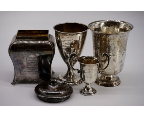 Three various silver trophy cups, 341.5g; together with a white metal vase etc. (5) 