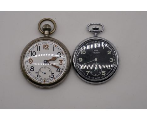 A British WWII GSTP nickel plated stem wind pocket watch, 52mm, the Swiss movement having three adjustments; together with a 